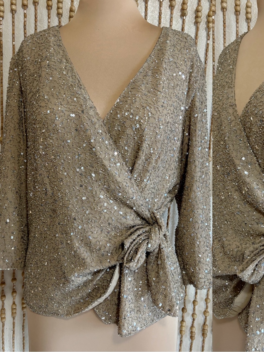 Vintage Chadwick’s Champagne Tan 90s Beaded Rhinestone Regal Glam Wrap Blouse 14
